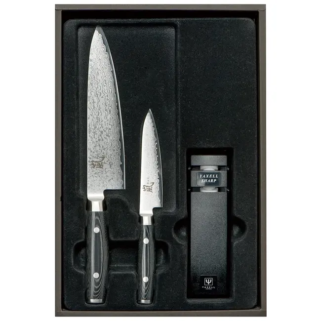 Yaxell Ran Messenset – Giftset – 3-delig – Messenslijper met Koksmes 20 cm en Universeelmes 12 cm – 69 Lagen Damaststaal – VG10 Staal – 61 HRC – Canvas-Micarta Heft