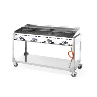 HENDI Verrijdbare barbecue met 4 branders – lichtgrijs – 22kW – 1400x612x x(H)825mm – inclusief bakplaten en grillroosters