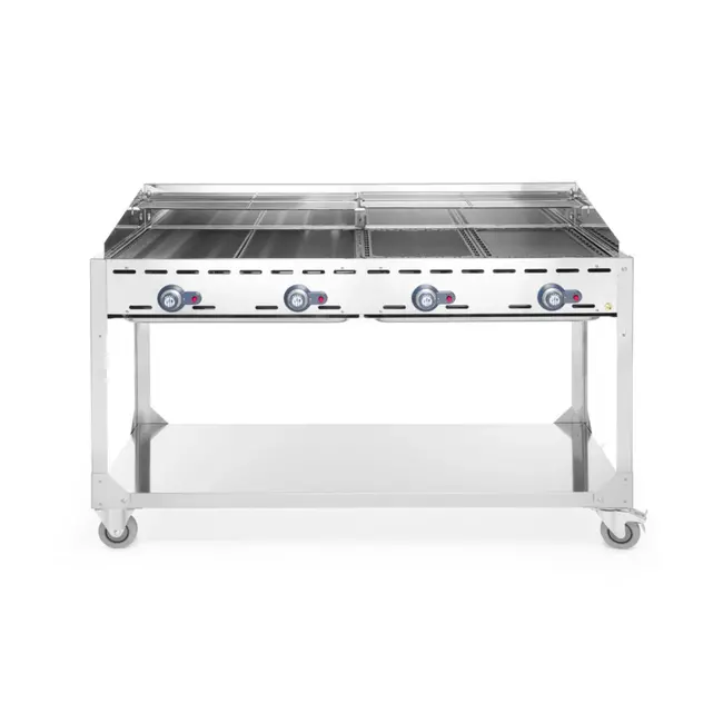 HENDI Verrijdbare barbecue met 4 branders – lichtgrijs – 22kW – 1400x612x x(H)825mm – inclusief bakplaten en grillroosters