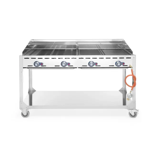 HENDI Verrijdbare barbecue met 4 branders – lichtgrijs – 22kW – 1400x612x x(H)825mm – inclusief bakplaten en grillroosters