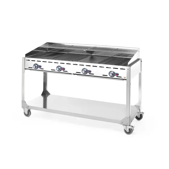 HENDI Verrijdbare barbecue met 4 branders – lichtgrijs – 22kW – 1400x612x x(H)825mm – inclusief bakplaten en grillroosters