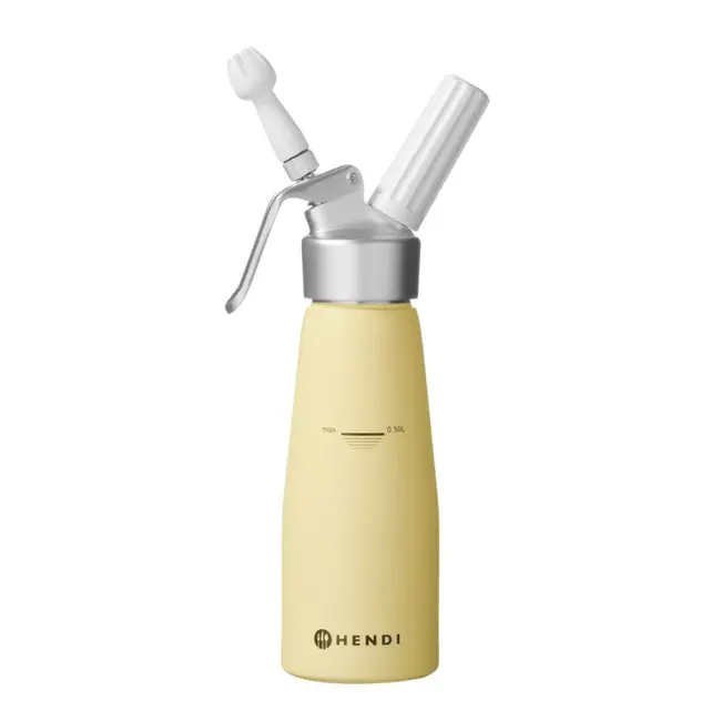 HENDI Slagroomapparaat – Pastelgeel – 0,5L – Inclusief 3 mondstukken en reinigingsborstel