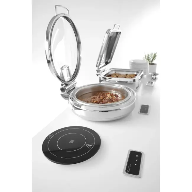 Fine Dine Inductie warmhoudplaat – zwart kristalglas – 800W – ⌀245x(H)80mm – LED-display