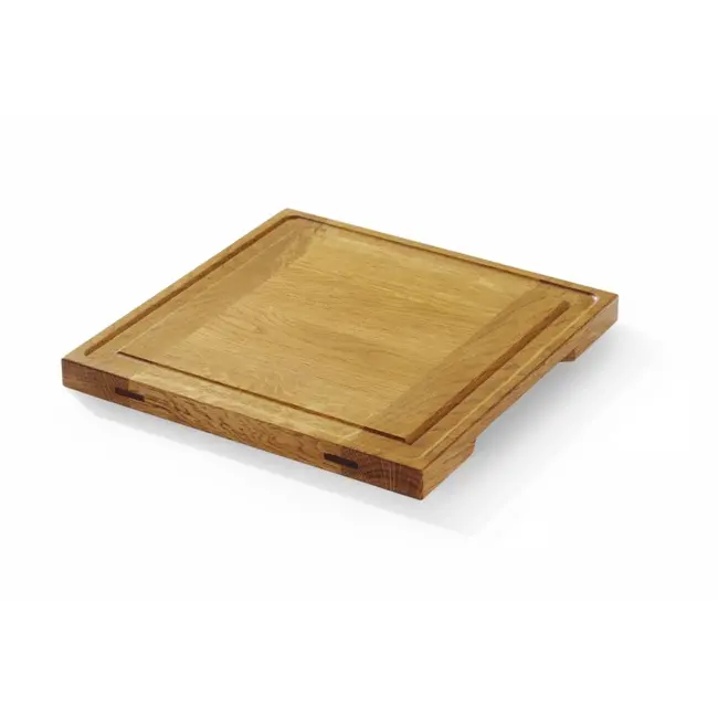 HENDI Eiken serveerplank – schok- en krasbestendig – met sapgoot en handgrepen – 270x270x20 mm