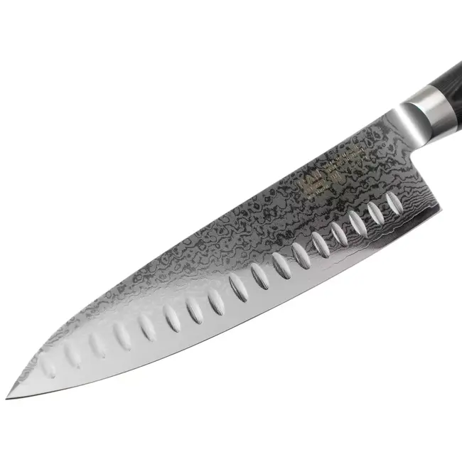 Yaxell Ran Koksmes met Kuiltjes 20 cm – 69 Lagen Damaststaal – VG10 Staal – 61 HRC – Canvas-Micarta Heft