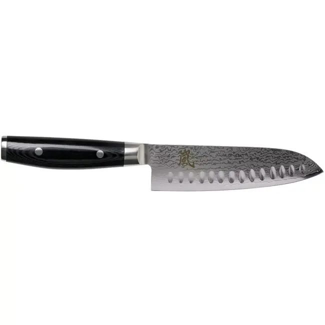 Yaxell Ran Santoku Koksmes 16,5cm met Kuiltjes – 69 Lagen Damaststaal – VG10 Staal – 61 HRC – Canvas-Micarta Heft