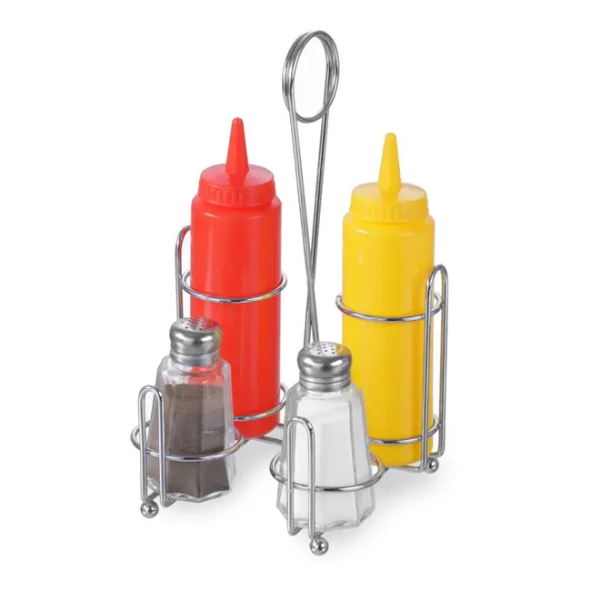 HENDI Menageset – verchroomd ijzer – glazen strooiers en knijpflessen – 148x140x250 mm