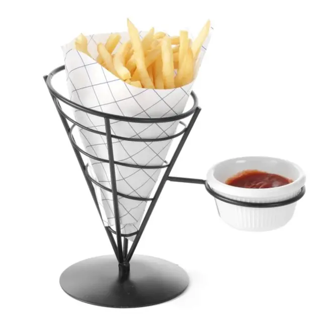 HENDI Friteszakhouder – Stijlvol draadframe – Inclusief sausschaaltje – 210x110x172 mm – Zwart