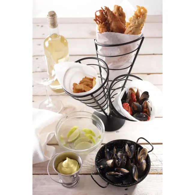 HENDI Friteszakkenhouder – Zwart draadframe – 3 vakken – 270x270x280 mm