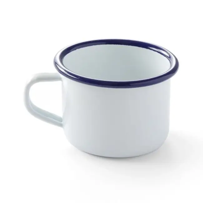 HENDI Kop – geëmailleerd staal – wit met blauwe rand – 0,12L – stapelbaar – oven- en vaatwasmachinebestendig