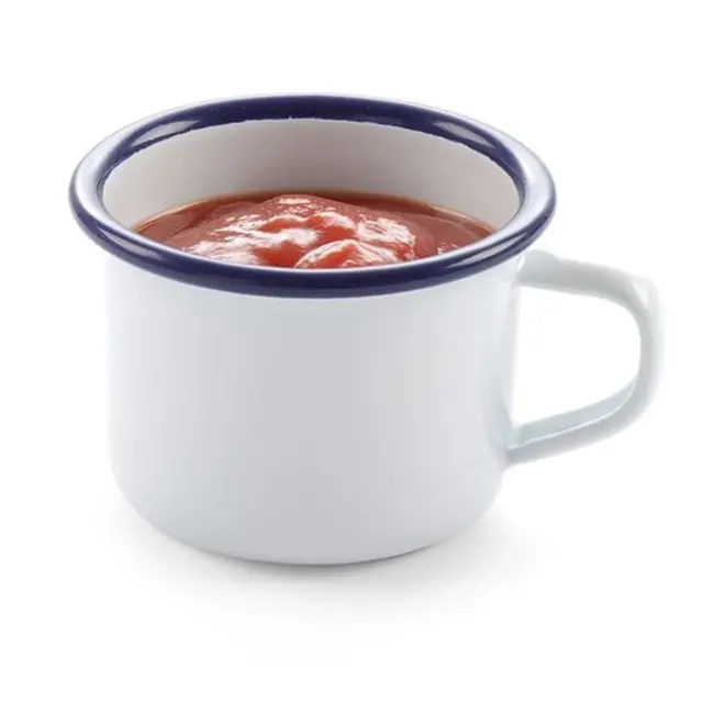 HENDI Kop – geëmailleerd staal – wit met blauwe rand – 0,12L – stapelbaar – oven- en vaatwasmachinebestendig