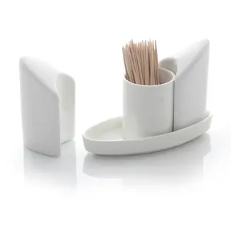 HENDI Peper- en zoutstel met tandenstokerhouder – porselein – vaatwasser- en magnetronbestendig