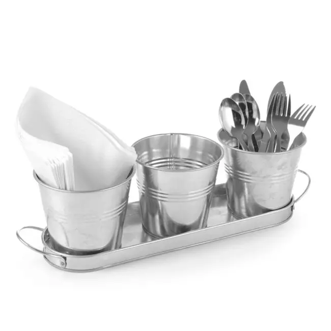 HENDI Rustieke presentatie-emmers met dienblad – gegalvaniseerd staal – set van 3 – 415x130x125 mm