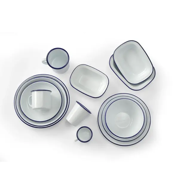 HENDI Stalen beker – geëmailleerd wit met blauwe rand – 0,3L – stapelbaar – vaatwasmachinebestendig