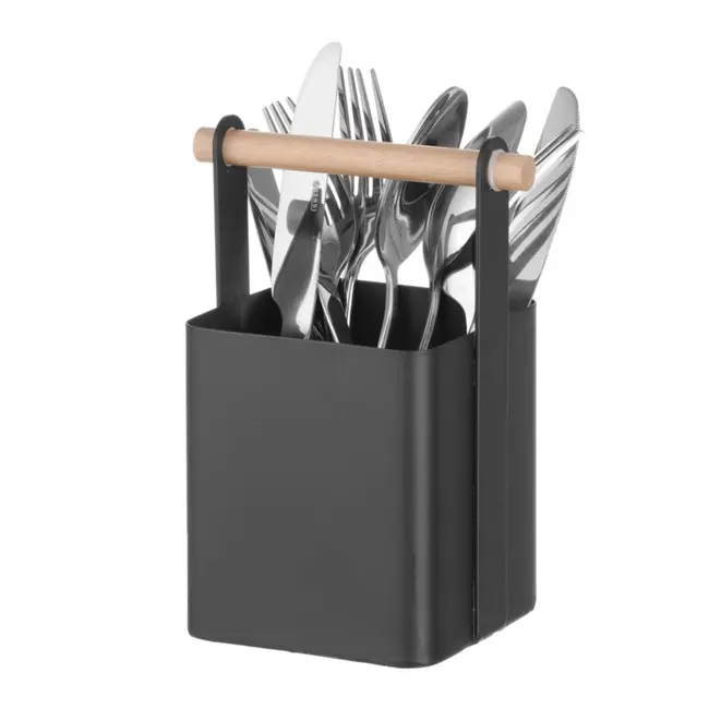 HENDI Bestek caddy – matzwarte poedercoating – houten handvat – 140x105x190 mm