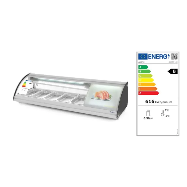 Arktic Sushi-display met gebogen glazen afdekking – 5x GN 1/3 – LED-verlichting – 0˚C tot 6˚C – 1307x445x327 mm
