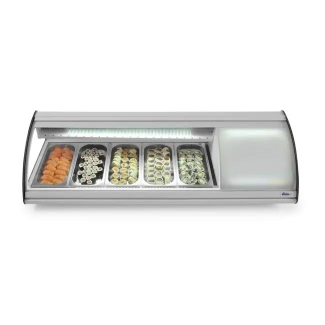 Arktic Sushi-display met gebogen glazen afdekking – 5x GN 1/3 – LED-verlichting – 0˚C tot 6˚C – 1307x445x327 mm