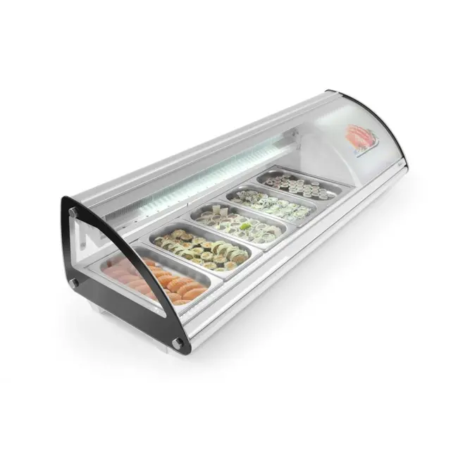 Arktic Sushi-display met gebogen glazen afdekking – 5x GN 1/3 – LED-verlichting – 0˚C tot 6˚C – 1307x445x327 mm