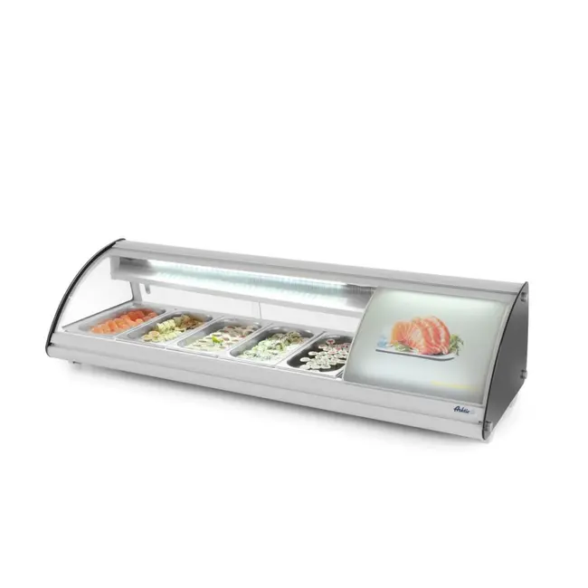 Arktic Sushi-display met gebogen glazen afdekking – 5x GN 1/3 – LED-verlichting – 0˚C tot 6˚C – 1307x445x327 mm