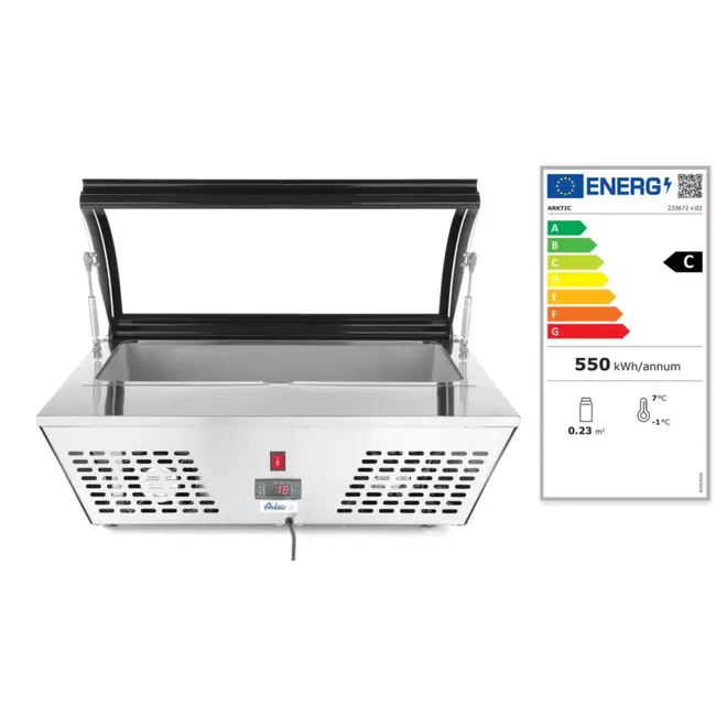 Arktic Saladevitrine – 67L – gebogen glazen deksel – geforceerde luchtkoeling – 775x615x235 mm