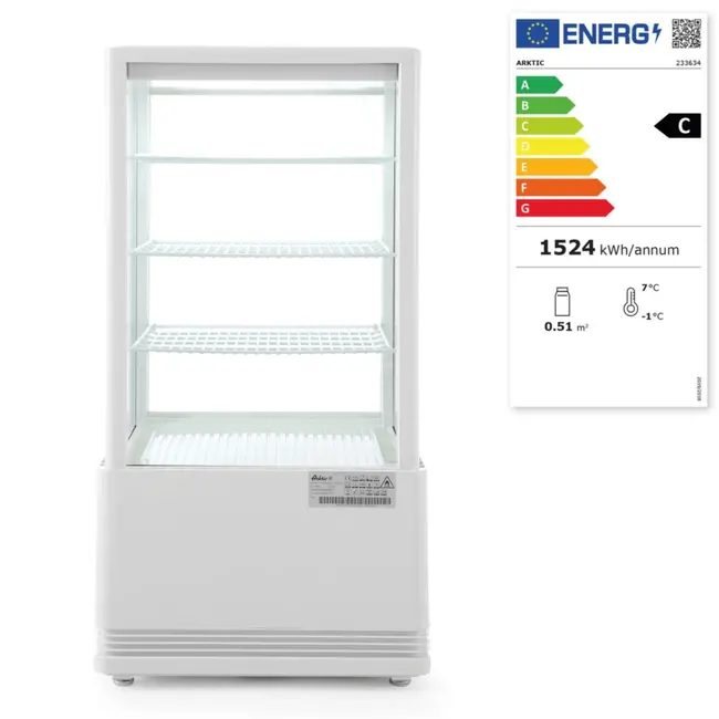 Arktic Compacte koelvitrine – 68L – wit – energiezuinig – LED-verlichting – anti-condens – 3 verstelbare schappen