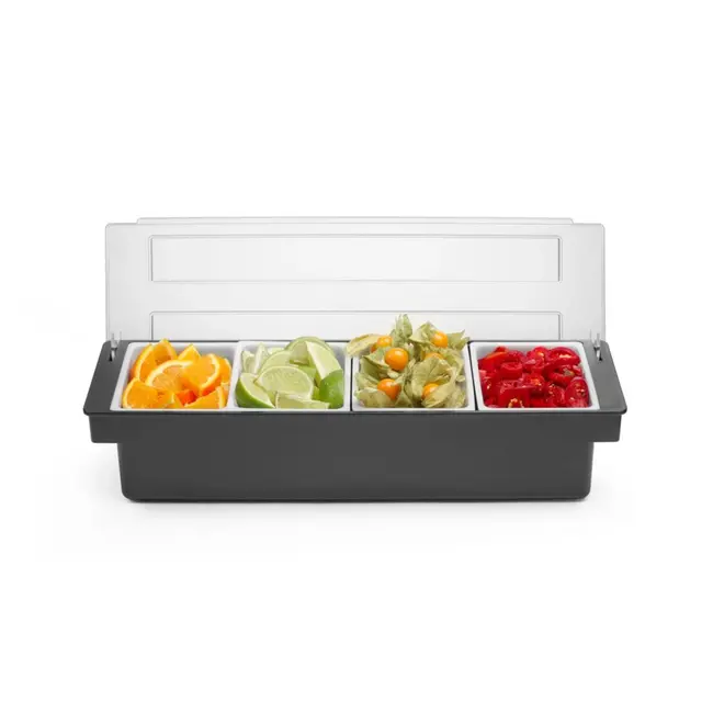 BarUp Ingrediëntenhouder – 4 containers – transparant deksel – vaatwasserbestendig – 480x150x100 mm