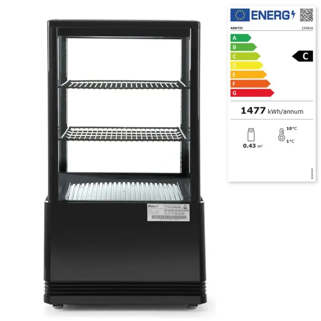 Arktic Compacte koelvitrine – 58L – zwart – energiezuinig – anti-condens – LED verlichting – 2 verstelbare schappen