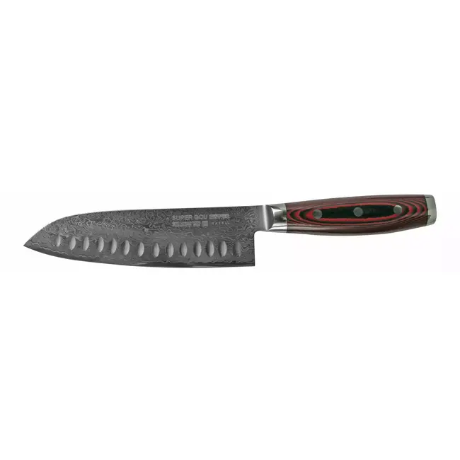 Yaxell Super Gou Santoku Mes met Kuiltjes 16,5 cm – 161 Lagen Damaststaal – SG2 Staal – 63 HRC – Canvas-Micarta Heft
