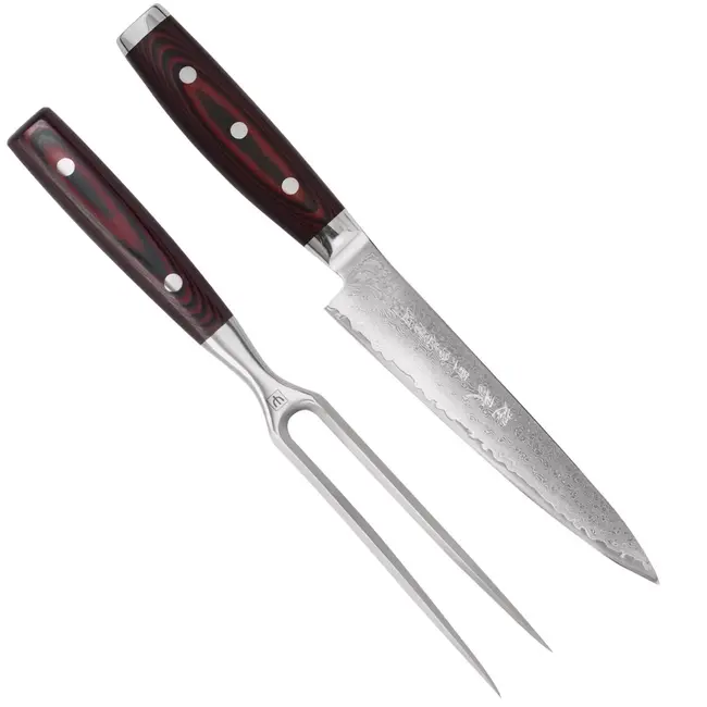 Yaxell Super Gou Trancheerset – Giftset – 2-delig – Vleesvork 13,5 cm & Vleesmes 18 cm – 161 Lagen Damaststaal – SG2 Staal – 63 HRC – Canvas-Micarta Heft