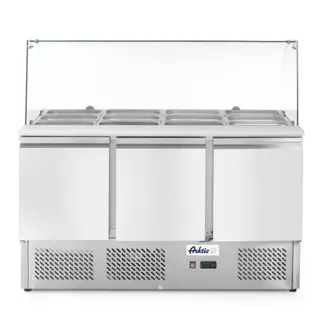 Arktic Saladette met 3 deuren – glazen vitrine – 380L – roestvast staal – geforceerde luchtkoeling