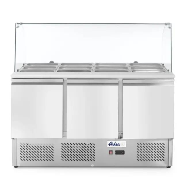 Arktic Saladette met 3 deuren – glazen vitrine – 380L – roestvast staal – geforceerde luchtkoeling