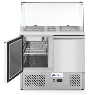 Arktic Saladette met glazen vitrine – 2 deuren – 300L – roestvast staal – geforceerde luchtkoeling – 912x702x1330 mm