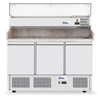Arktic Pizzawerkbank met koelvitrine – 3 deuren – roestvast staal – granieten werkblad – 380+40L