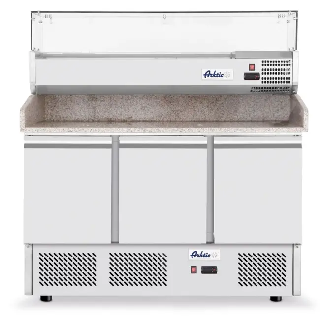 Arktic Pizzawerkbank met koelvitrine – 3 deuren – roestvast staal – granieten werkblad – 380+40L
