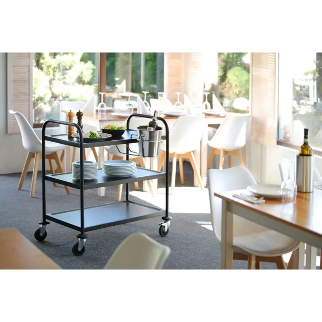 HENDI Stijlvolle serveerwagen – mat zwart – geluiddempend – 3 bladen – 905x585x945 mm