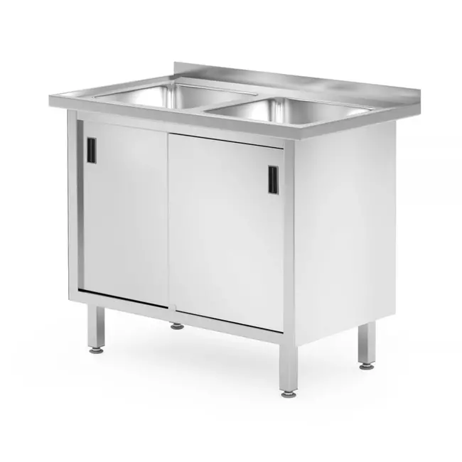 HENDI Dubbele spoeltafel met kast – gelast roestvrij staal – 1000x600x850 mm – schuifdeuren