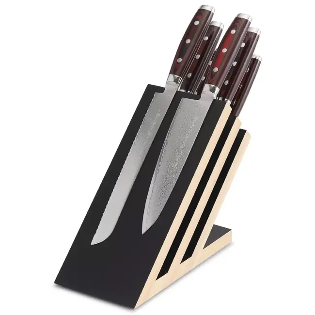 Yaxell Super Gou Messenset – 7-delig – Magnetisch Beukenhouten Messenblok met 6 Messen – 161 Lagen Damaststaal – SG2 Staal – 63 HRC – Canvas-Micarta Heft