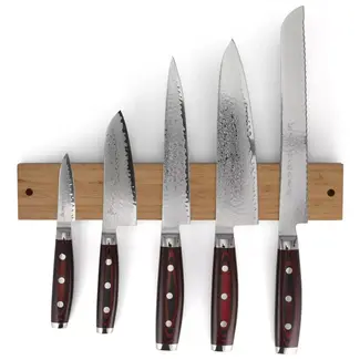 Yaxell Super Gou Messenset – 6-delig – Bamboe Magneetstrip met 5 Messen – 161 Lagen Damaststaal – SG2 Staal – 63 HRC – Canvas-Micarta Heft