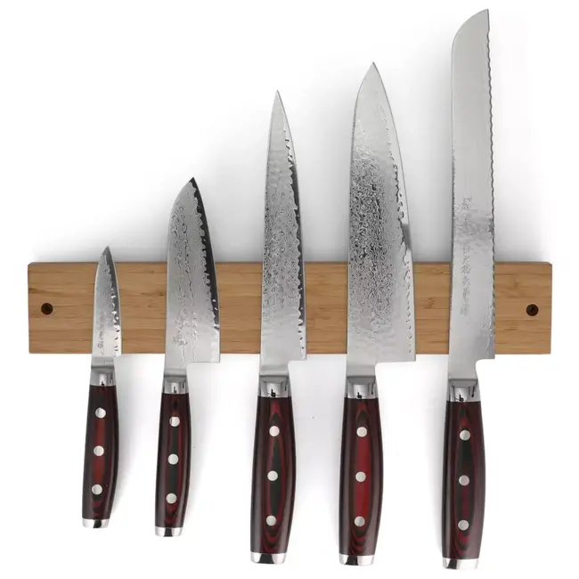 Yaxell Super Gou Messenset – 6-delig – Bamboe Magneetstrip met 5 Messen – 161 Lagen Damaststaal – SG2 Staal – 63 HRC – Canvas-Micarta Heft