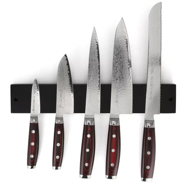 Yaxell Super Gou Messenset – 6-delig – Zwarte Magneetstrip met 5 Messen – 161 Lagen Damaststaal – SG2 Staal – 63 HRC – Canvas-Micarta Heft