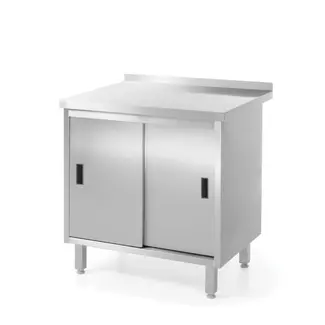 HENDI Wandwerktafel met kast – gelast – roestvast staal – 800x600x850 mm – verstelbare voeten – schuifdeuren