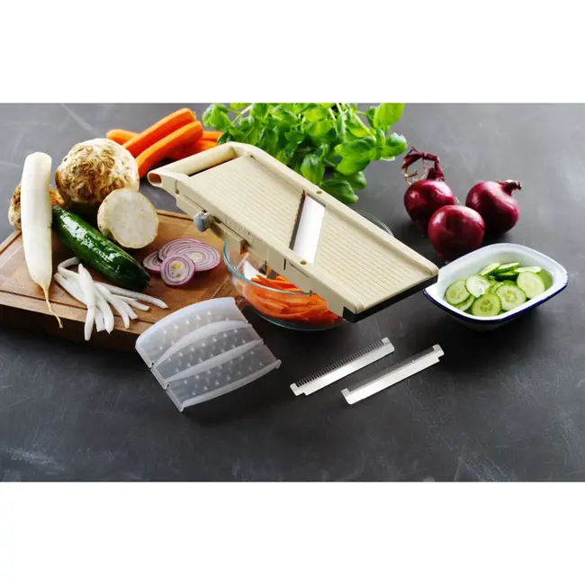 HENDI Japanse mandoline – verstelbare snijdikte – inclusief 3 julienne messen – vingerbeschermer – 380x158x47 mm