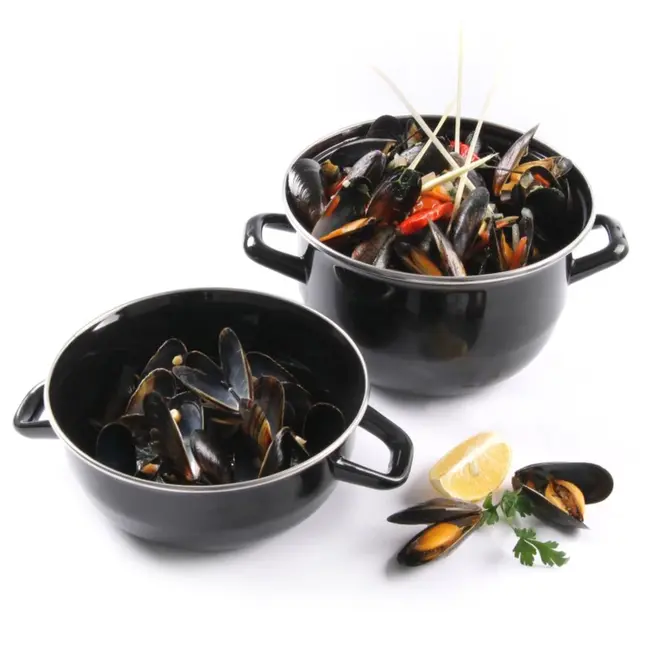 HENDI Geëmailleerde mosselpan met deksel – 2,5L – Ø20 cm – zwart – voor gaskookplaat