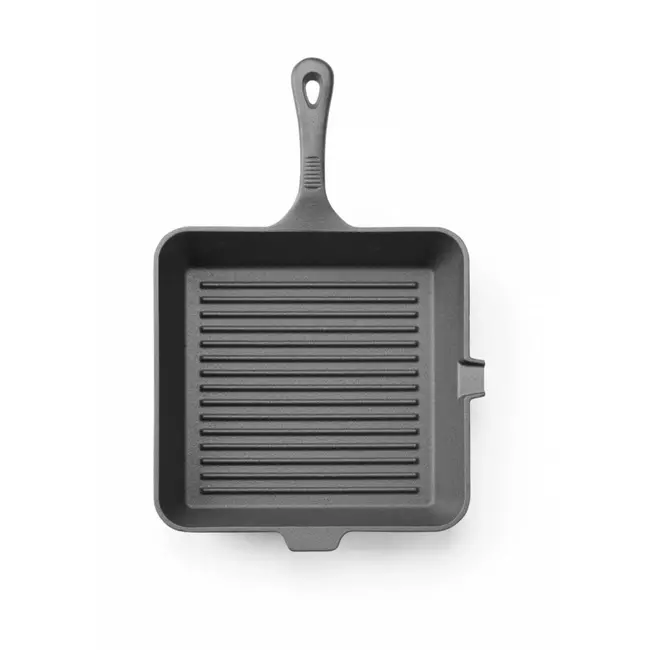 HENDI Gietijzeren grillpan – geribbeld oppervlak – met schenktuit – 265x265 mm – zwart