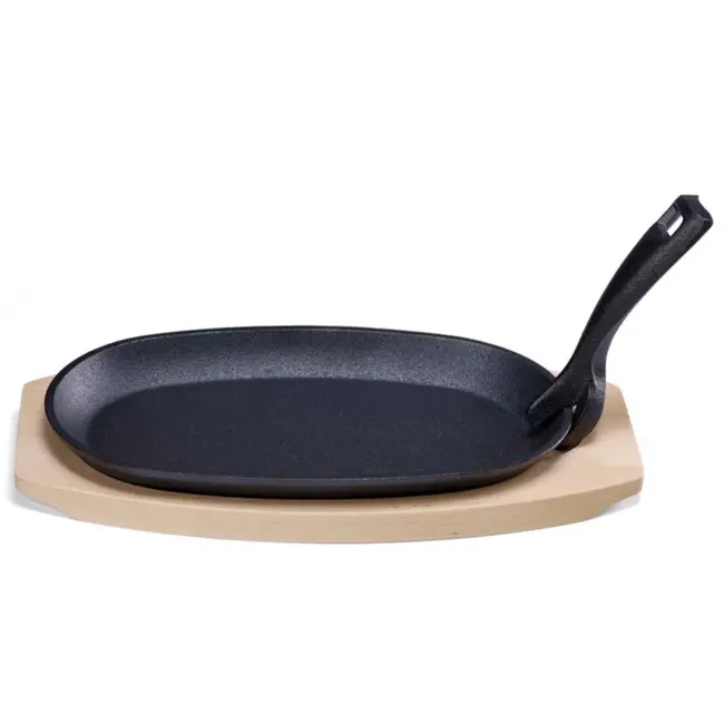 HENDI Gietijzeren schaal met houten onderlegger en greep – 280x140x30 mm – zwart