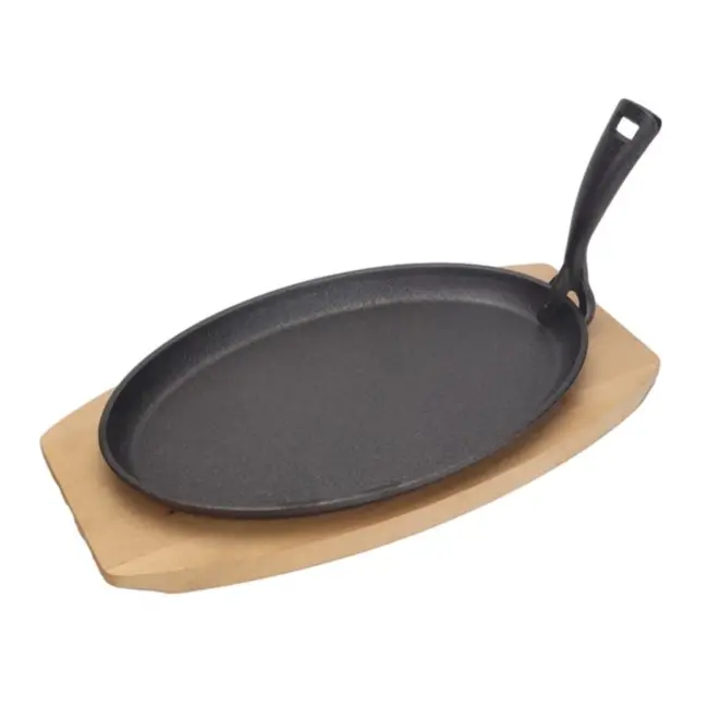 HENDI Gietijzeren schaal met houten onderlegger en greep – 280x140x30 mm – zwart