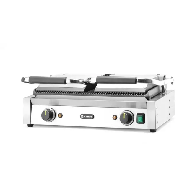 HENDI Dubbele contactgrill – volledig geribd – gietijzeren platen – 230V/3600W – 570x395x510 mm
