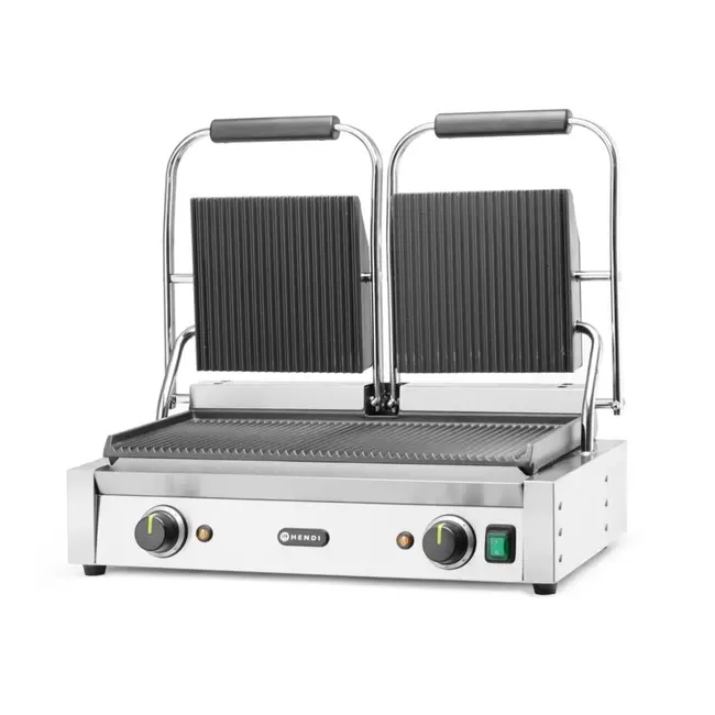 HENDI Dubbele contactgrill – volledig geribd – gietijzeren platen – 230V/3600W – 570x395x510 mm
