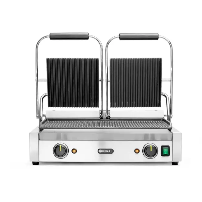 HENDI Dubbele contactgrill – volledig geribd – gietijzeren platen – 230V/3600W – 570x395x510 mm