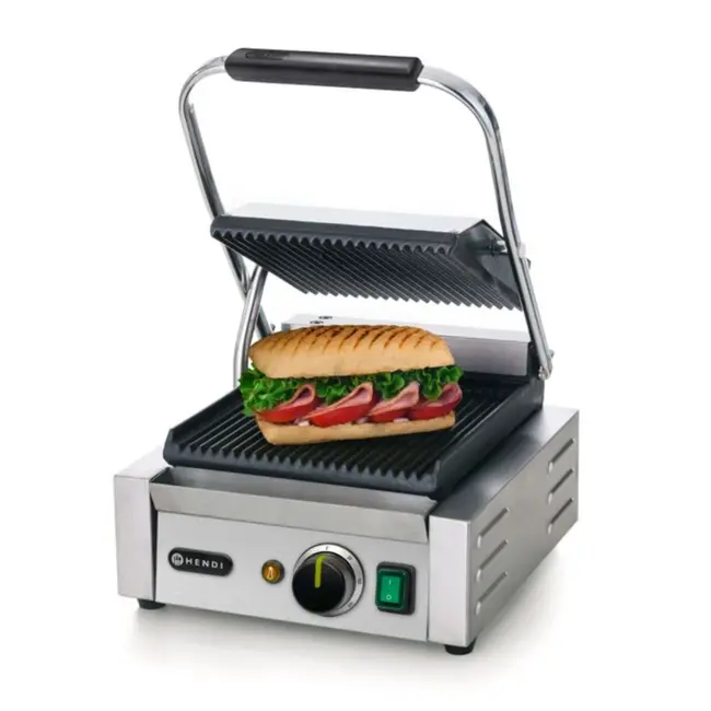 HENDI Enkel contactgrill – geribd boven en onder – 230V/1800W – 310x426x510 mm